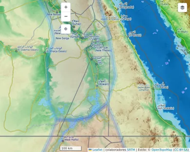 Mapa físico, Claro: El Nilo en el 1250 a. C., zoom 7